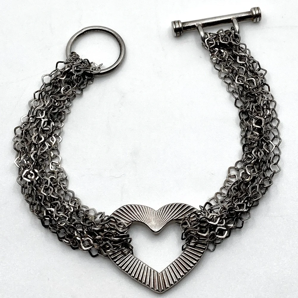 Vtg Sterling Silver Multi Strand Textured Heart Toggle Clasp Bracelet 7.5” - Picture 2 of 6